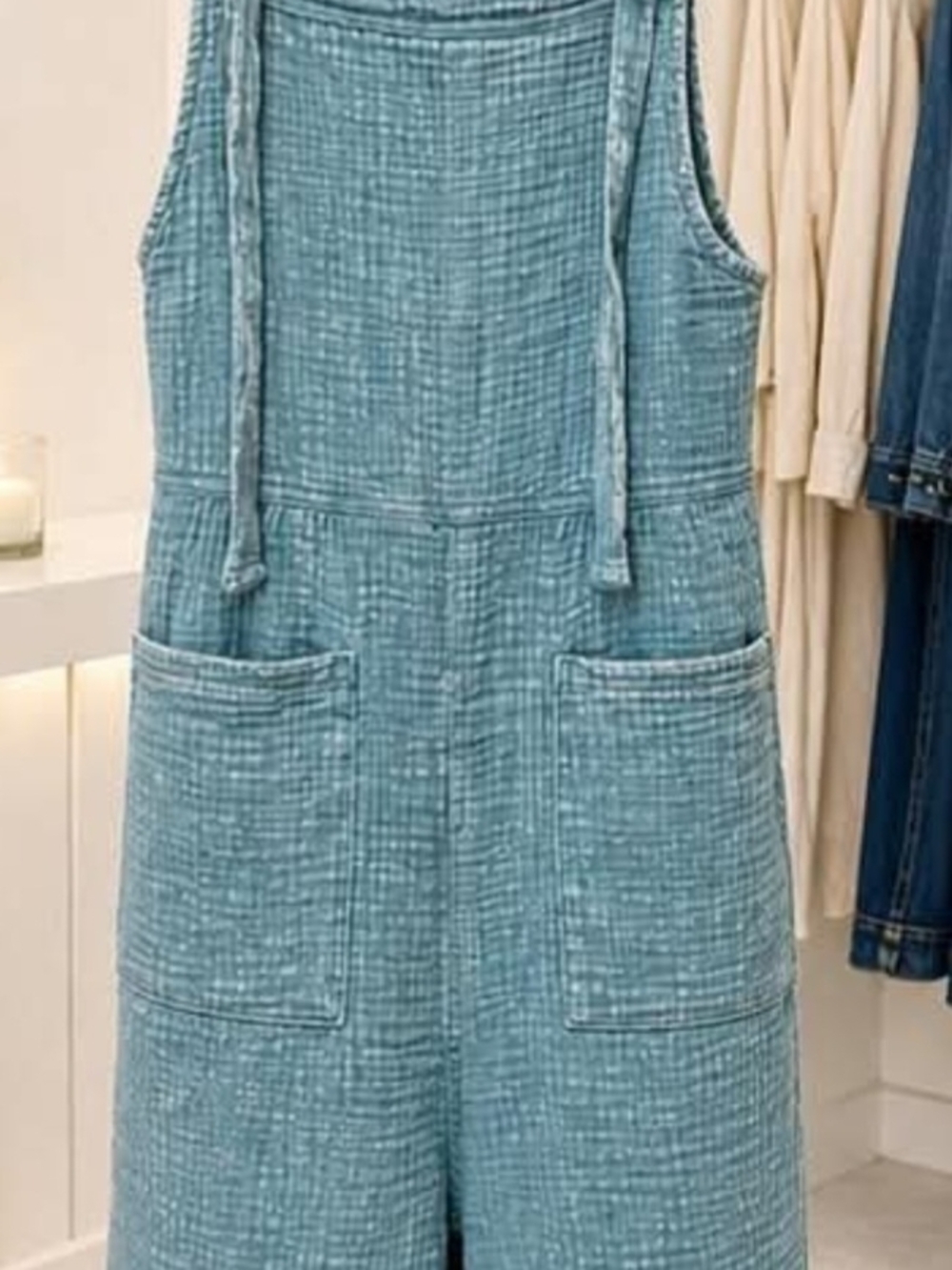 Zenana Women's Cotton Double Gauze Acid Wash Romper In Dusty Teal Tie Strap NIB